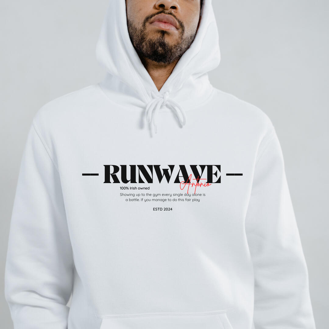 Runwave Signature Hoodie in sleek black fabric featuring bold embroidered logo design.